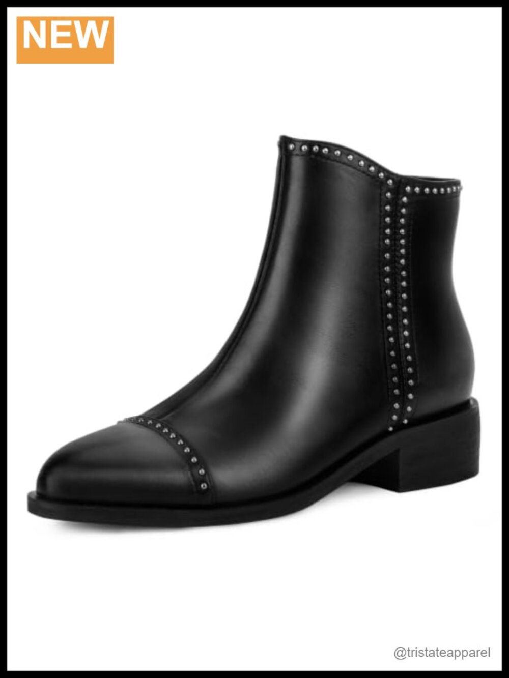 Studded Ankle Boots Chunky Block Heel Almond Toe Booties Faux Leather